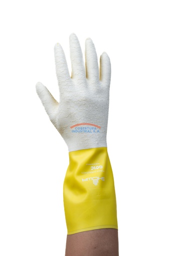 [1105] Guante latex hogar corrugado Showa G01C 12" de largo amarillo/blanco T. 10 par