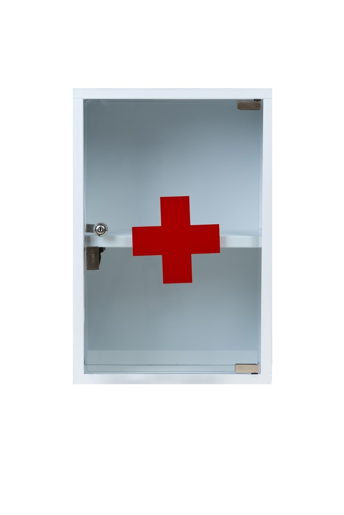 Botiquín de metal estacionario blanco con puerta de vidrio unidad