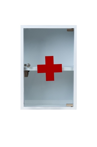 [1411] Botiquín de metal estacionario blanco con puerta de vidrio unidad
